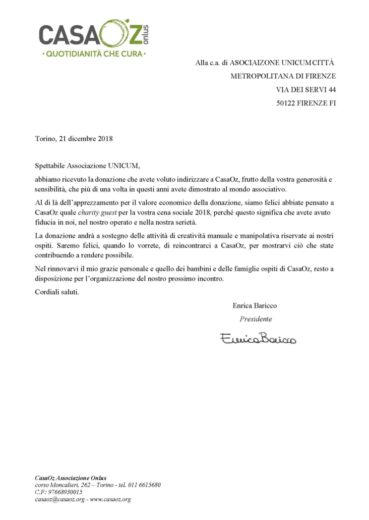 Lettera ringraziamento del CasaOz, Torino