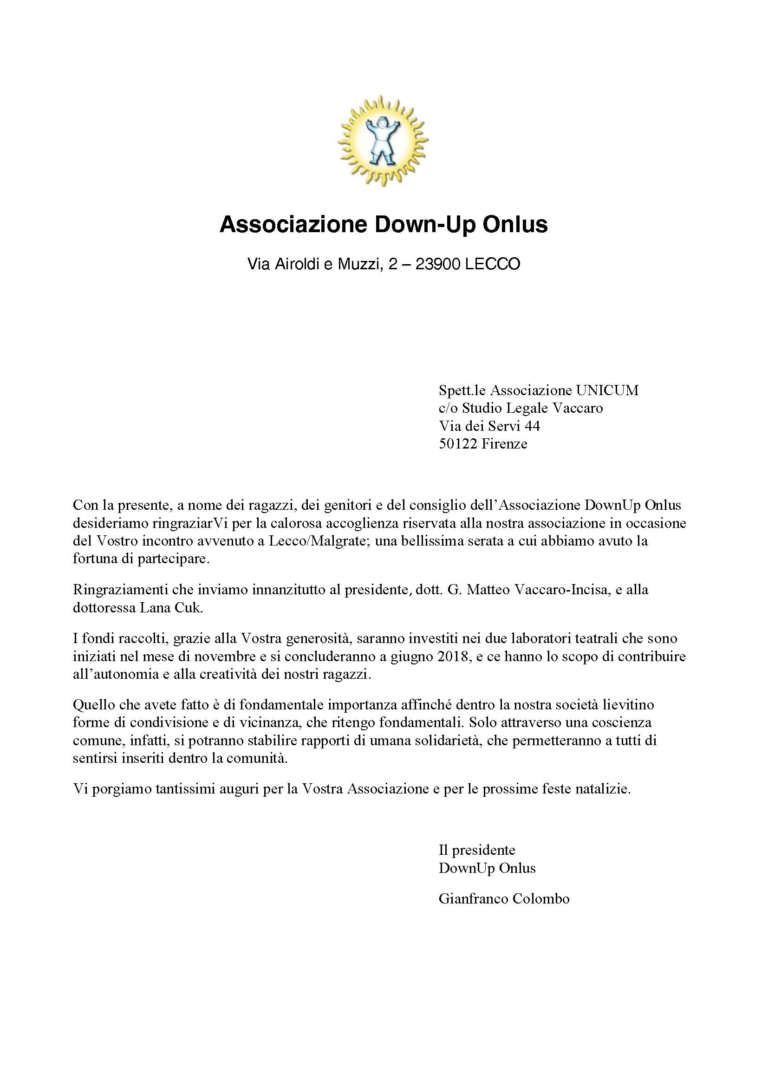 Lettera Di Ringraziamento Da Down Up Onlus Di Lecco Associazione Unicum